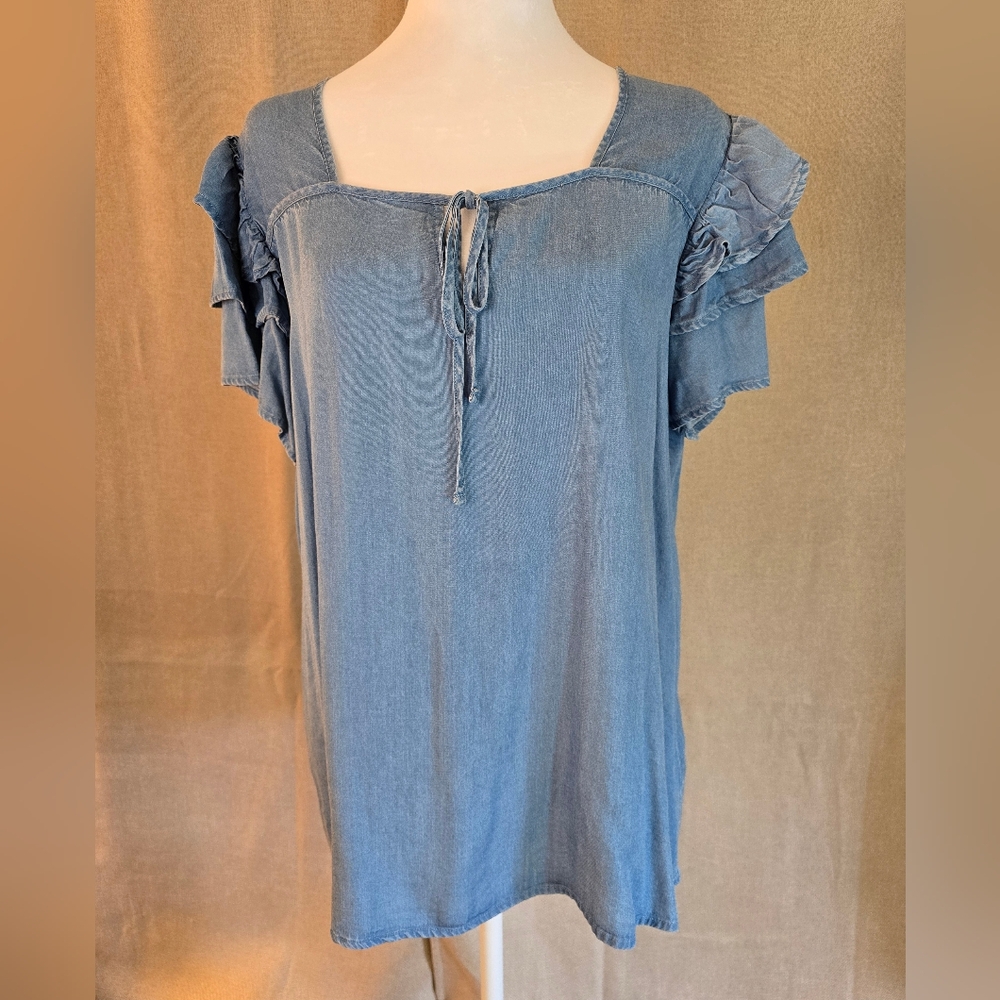 Cato Blue Flutter Sleeve Blouse with Tie Front